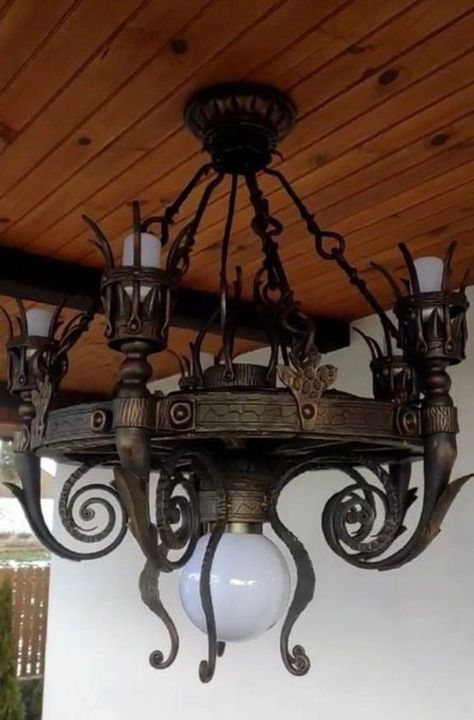 forgedcommodities.etsy.com Viking Lamp, Viking Inspired Home, Fantasy Chandelier, Medieval House Interior, Medieval Lamp, Medieval Lighting, Viking Bedroom, Medieval Chandelier, Tavern Ideas