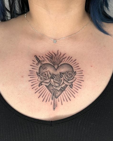 65  Sacred Heart Tattoo Designs with Meanings Center Tattoo Chest, Heart Tattoos On Chest, Corazon Sagrado Tattoo, Sacred Heart Tattoo Chest, Sacred Heart Tattoo Women, Heart Of Mary Tattoo, Sacred Heart Illustration, Vintage Heart Tattoo, Center Chest Tattoo