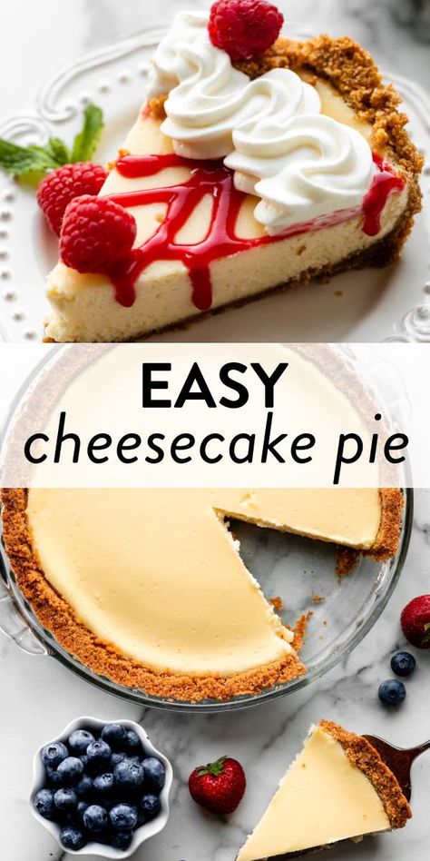 This easy cheesecake pie is smooth, creamy, and perfect for cheesecake lovers who want a quicker, easier alternative to a classic cheesecake. You’ll love it! #cheesecake #pie #easydesserts Cheesecake With Ready Made Crust, Cheesecake In Premade Crust, Cheesecake In Pie Crust, Simple Baked Cheesecake Recipe, How To Make Cheesecake Crust, Easy Baked Cheesecake Recipes Simple, Cheesecake Recipes Premade Crust, Thick Crust Cheesecake, Classic Cheesecake Recipes Easy