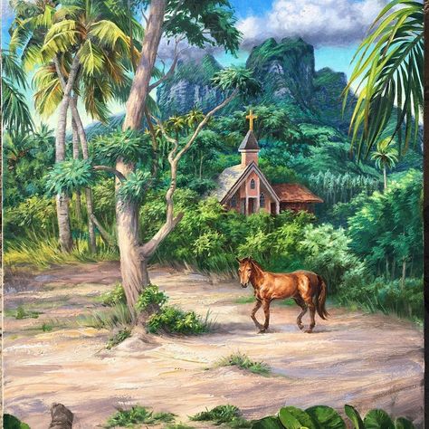 Phil Roberts on Instagram: “The latest “Lil Church of Tahiti” 16x20” oil on canvas. Inspired by a Gauguin composition. Fresh paint looking for a home - DM me. #tahiti…” Tahiti French Polynesia, Bora Bora French Polynesia, Blue Galaxy, Cowboy Horse, Paul Gauguin, Surf Art, French Polynesia, Bora Bora, Beautiful Nature Pictures