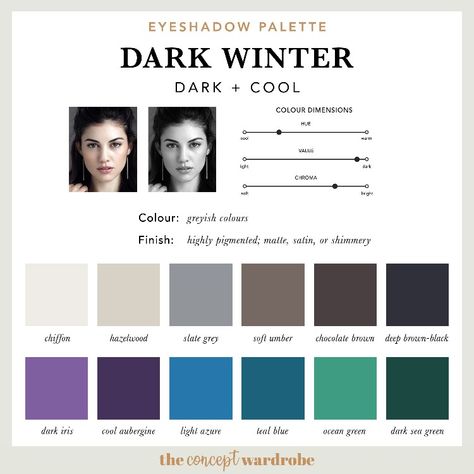 Eyeshadow For Winter Skin Tone, Nails For Deep Winter, Eyeshadow For Deep Winter, The Concept Wardrobe Winter, Dark Winter Eyeshadow Palette, Dark Winter Color Combinations, Dark Winter Colour Palette, Deep Winter Eyeshadow, Deep Winter Eyeshadow Palette