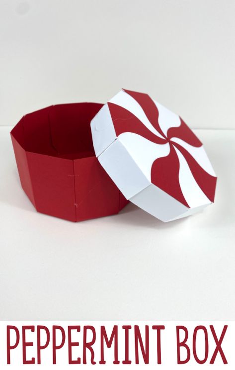 This adorable 3D box looks just like striped peppermint candy! These little paper boxes are perfect for holding candies, gift cards, and other small gifts. Our candy-shaped boxes make a sweet holiday gift for a neighbor, coworker, or teacher. Treat Box Svg Free, Diy Treat Boxes Template, Box Template Printable Free Patterns, Box Cutout Template, Candy Box Ideas Diy, Origami Candy Box, Box Templates Printable Free, Treat Boxes Diy, Treat Box Template