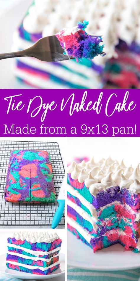 Tie Dye Nake Cake is a gorgeous and bright colorful layered cake. A colored vanilla cake that offers a stunning tie-dye pattern. The frosting is a three-ingredient whipped frosting! #cake #tiedye #easy #Layered #9x13pan #passion4savings #boxedcakemix #easy #dessert Tye Dye Cake, Homemade Cake Recipe, Tie Dye Cupcakes, Tie Dye Birthday Party, Ty Dye, Tie Dye Birthday, Tie Dye Party, Whipped Frosting