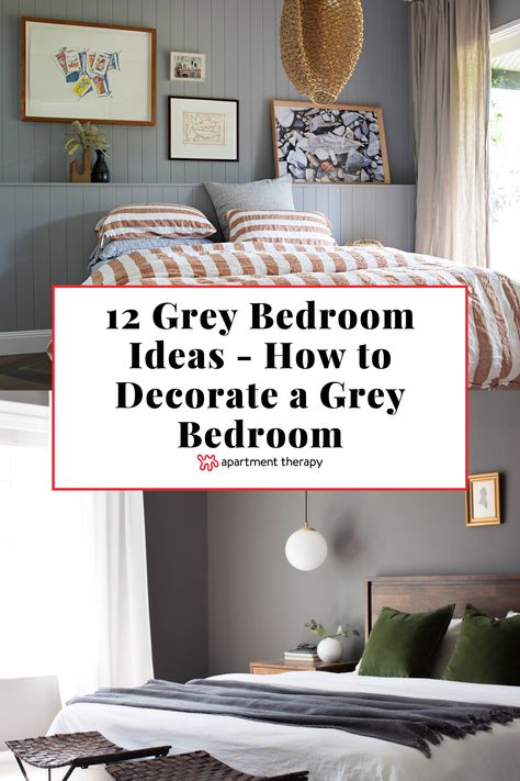 Grey Bedroom Decor Ideas Colour Schemes, Bedroom Decor For Grey Walls, Gray Accent Wall Bedroom Ideas, Medium Grey Walls Bedroom, Bedroom Grey Feature Wall, Bedding With Grey Walls, Bedding That Goes With Grey Walls, Grey Color Palette Bedroom, Neutral Bedding Gray Headboard