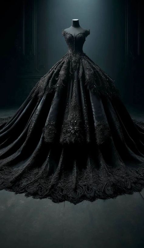 Black Gowns Aesthetic, Black Princess Wedding Dress, Black Ball Gown Aesthetic, Aesthetic Wedding Dress, Wedding Ball Gown Dresses, Goth Wedding Dresses, Gothic Wedding Theme, Puffy Wedding Dresses, Black Wedding Gowns