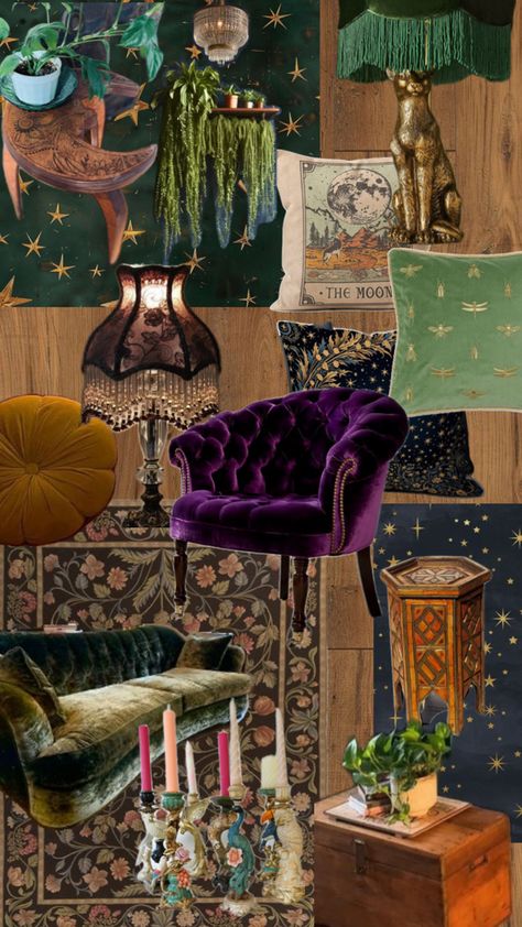 Cozy, witchy, feminine decor. Witchy Lounge Room, Witchy Decor Living Room, Witchy Salon Aesthetic, Whimsigoth Decor Living Room, Witchy Decor Aesthetic, Boho Witchy Decor, Witchy Salon, Witchy Living Room Decor, Celestial Living Room