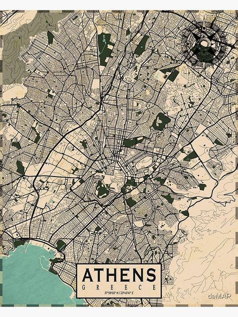 Greece City, Athens Map, Map Of Greece, Greece Map, Athens City, Amazing Maps, Map Vintage, Vintage Poster Design, Vintage Art Print