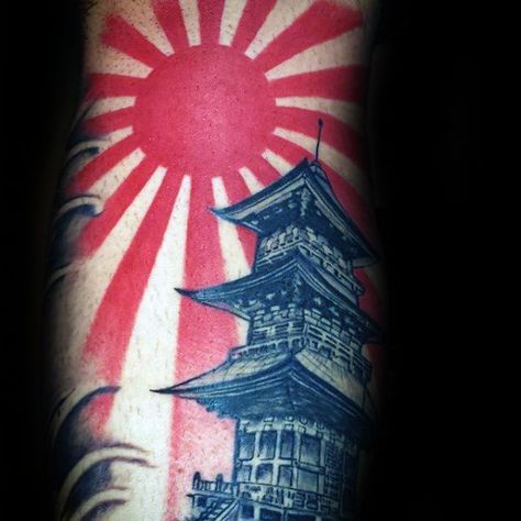 Japanese Sun Tattoo, Japanese Temple Tattoo, Rising Sun Tattoos, Japanese Tattoo Women, Temple Tattoo, Elements Tattoo, Japanese Dragon Tattoos, Japanese Temple, Japanese Tattoos