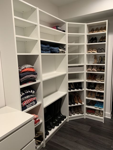 IKEA Billy bookcase closet Billy Bookcase Shoe Rack, Billy Bookcase Master Closet, Billy Bookshelf Closet, Billy Bookcase Styling Bedroom, Closet With Billy Bookcase, Billy Ikea Closet, Ikea Billy Bookcase Closet Hack, Billy Bookcase Closet Ideas, Billy Bookcase Wardrobe