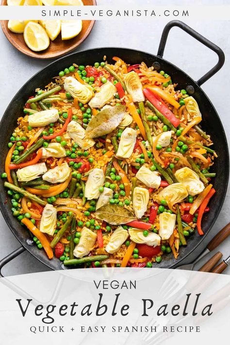 Full of color and simple flavors, this authentic Vegan Paella is loaded with vegetables and an eye catching centerpiece for the table! No need to have a paella pan, you can use a large pot or dutch oven too. #paella #healthyrecipes #veganrecipes #plantbased Vegetable Paella Recipe, Paella Recept, Vegan Paella, Vegetable Paella, Starch Solution Recipes, Vegetarian Paella, Easy Spanish Recipes, Oil Free Vegan Recipes, Paella Recipe