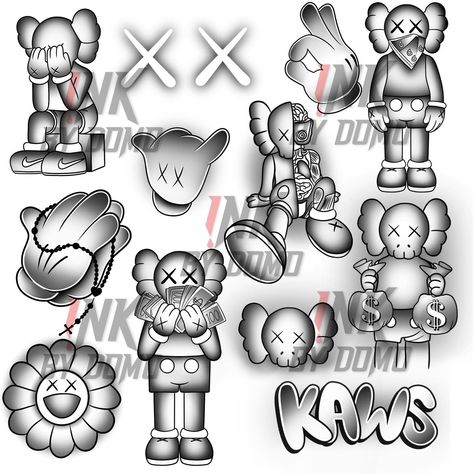 Kaws V2 brush set is now available on the site! inkbydomo.com 🤝🏽 Kaws Doll Tattoo, Kaws Hand Tattoo, Kaws Sleeve Tattoo, Kaws Tattoo Stencil, Kaws Henna Tattoo Designs, Bape Tattoos, Tattoo Ideas For Men Stencil, Kaws Tattoo Design, Kaws Outline