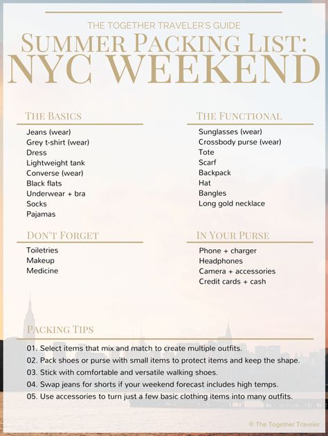 NYC Summer Weekend Packing Guide  - Everything you need to pack for a summer weekend in new york city plus tips for packing and an itinerary Weekend Packing List, Nyc Vacation, Summer In Nyc, Summer Packing Lists, Weekend Packing, Weekend In Nyc, New York City Vacation, New York Vacation, New York Summer