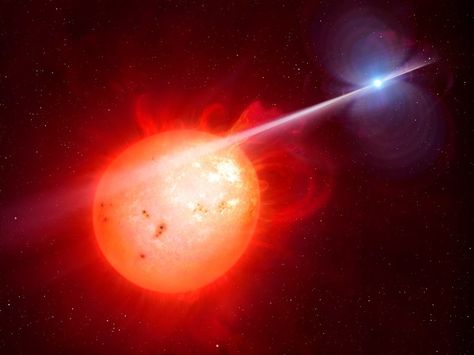 An artist’s impression shows the strange object AR Scorpii – a double star system combining a rapidly spinning white dwarf star (right) powering electrons up to almost the speed of light to blast radiation on to its companion red dwarf star (left). M. GARLICK/UNIVERSITY OF WARWICK/ESO University Of Warwick, Binary Star, Neutron Star, Red Giant, Space News, Isaac Newton, Star System, Hubble Space, Hubble Space Telescope