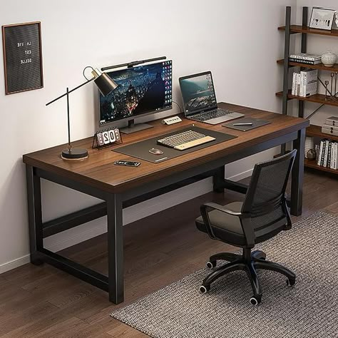 Amazon.com: Industrial Computer Desk, Rustic Wood and Metal Home Office Desk Workstation,Modern Simple Study Desk PC Work Table for Small Spaces(80x50x74cm(31x20x29in), Walnut) : Home & Kitchen Studio In Casa, Modern Computer Desk, Simple Desk, Stylish Desk, Home Office Storage, Wooden Design, Computer Table, Home Office Setup, Work Desk