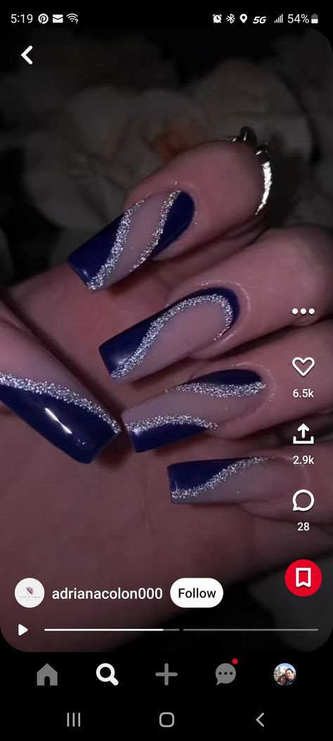 Black And Blue Nails, Sliver Nails, Blue And Silver Nails, Hoco Nails, Royal Blue Nails, Dark Blue Nails, Blue Nail Designs, Gem Nails, Dark Nails