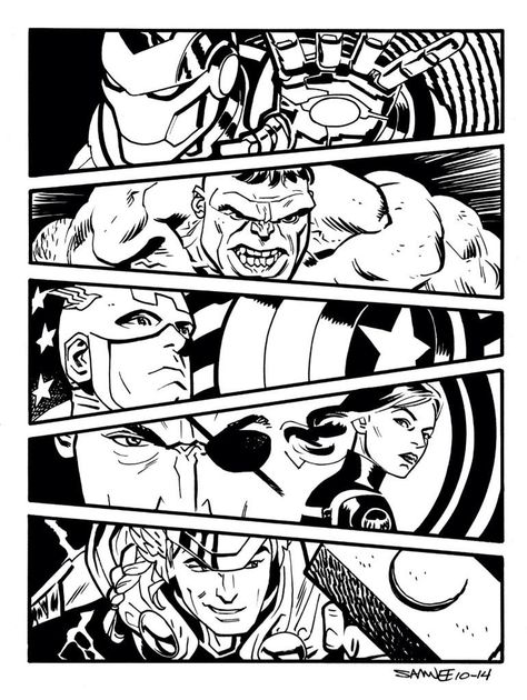 The Avengers by Chris Samnee Chris Samnee, Marvel Art Drawings, Avengers Drawings, Arte Nerd, Avengers Art, Black And White Comics, Marvel Drawings, Marvel Posters, Comic Drawing