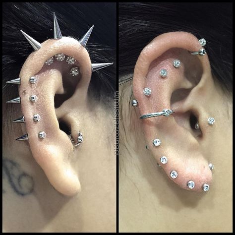 Got my piercings refreshed on my left and right ear  and switched it up a little bit! All piercings and jewellery from @industrie8bodypiercing   #piercings #spikes #industrie8 #industrie8bodypiercing All Piercings, Cool Ear Piercings, Cool Piercings, Cute Ear Piercings, Piercings Unique, Cute Piercings, Body Piercings, Piercing Tattoo, Body Piercing Jewelry