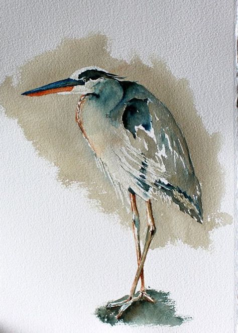 original watercolor bird painting - portrait of a blue heron,  The Fisherman . This guy was painted from a photo I took at Rend Lake near my home: Heron Watercolor, Coastal Birds, Bird Painting, Blue Heron, Sketch Painting, Watercolor Bird, Watercolor Animals, Painting Supplies, Birds Painting