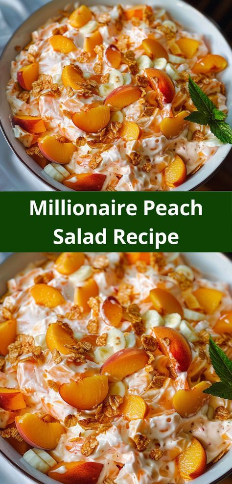 Enjoy a creamy, fruity dessert with our easy Millionaire Peach Salad recipe. Perfect for any occasion! Peach Dishes Recipes, Easy Side Dishes For Family Reunion, Fresh Peach Salad Recipes, Peach Pretzel Salad, Easy Cold Salads, Peach Side Dish, Fruit Side Dishes Easy, Recipes For Fresh Peaches, Summer Peach Salad