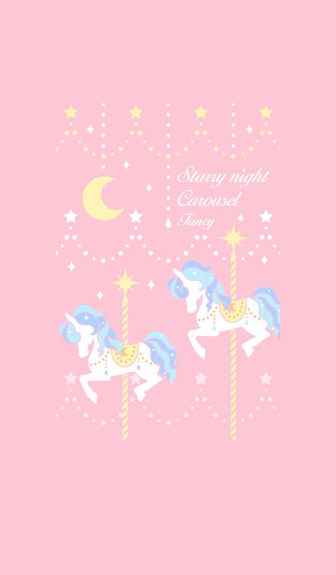 This is the simple theme of cool and cute of Starry night and Merry-go-round pink color. Merry Go Round Illustration, Xiomi Wallpaper, Line Theme, Phone Wallpaper Pastel, Carousel Party, Unicorn Pictures, Kitty Images, Unicorn Wallpaper, Simple Iphone Wallpaper