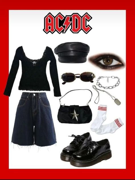 Acdc Outfit, 80s Rock Outfit, Rock Band Outfits, Rockstar Aesthetic Outfits, Rockstar Girlfriend Aesthetic, 80’s Outfits, Girlfriend Aesthetic, Rock Star Outfit, Rockstar Girlfriend