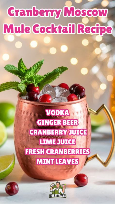 "Discover the perfect blend of flavors with our Cranberry Moscow Mule cocktail recipe! This festive drink is a delightful addition to your holiday cocktails lineup. Easy to make, it’s one of the best seasonal cocktails to impress your guests. Explore Moscow Mule variations with a cranberry twist for a refreshing take on classic recipes. Cheers to delicious holiday gatherings!" Festive Pitcher Cocktails, Yule Mule Holiday Cocktails, Cocktail Holiday Drinks, Christmas Mule Cocktail Pitcher, Reindeer Moscow Mule, Gingerbread Moscow Mule, Pomegranate Mule Recipe, Holiday Drinks With Cranberries, Alcoholic Drinks With Cranberry Juice