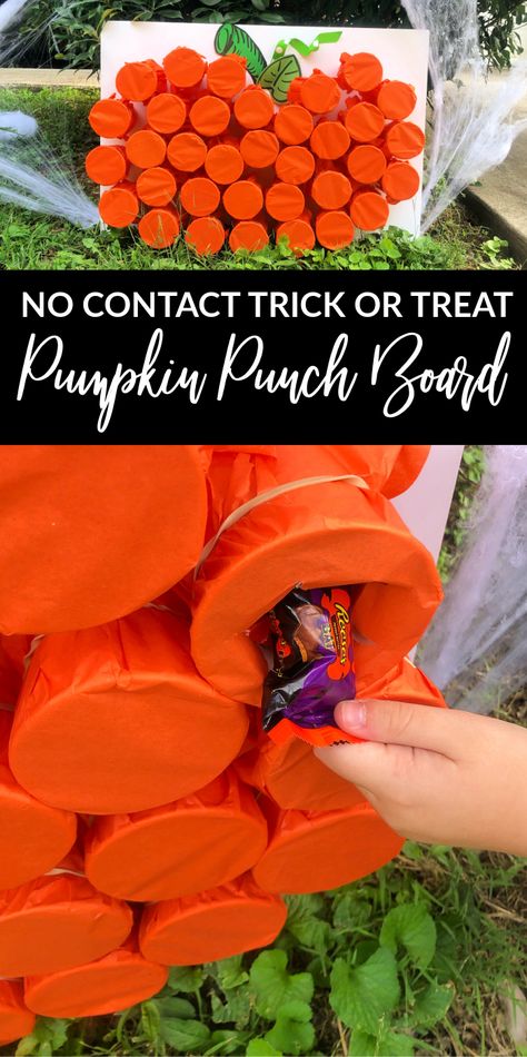 DIY Pumpkin Punch Board! How cute is this punch board for Halloween?! A No Contact Trick or Treat idea for Kids in the Neighborhood or a fun countdown till Halloween! #passion4savings #punchboard #halloween #pumpkin #treatideas Halloween Can Knock Down Game, Punch Out Game Diy, Halloween Punch Out Board, Trick Or Treat Punch Game, Poke A Pumpkin Trunk Or Treat, Scary Trick Or Treat Ideas, Easy Trick Or Treat Ideas, Pumpkin Punch Board, Trick Or Treat Trail Ideas