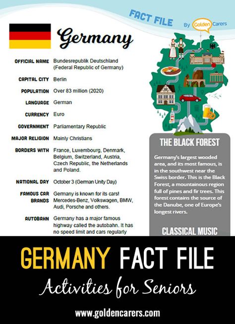 Germany Fact File: An attractive one-page fact file all about Germany. Print, distribute and discuss! Germany Facts For Kids, Germany Project, German Crafts, Fun Facts About Germany, Facts About Germany, Resident Activities, Germany History, Catholic Classroom, Germany Facts