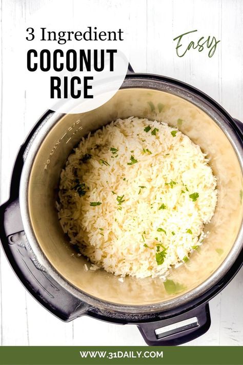 This Instant Pot Coconut Rice is a creamy, delicious side dish with only three ingredients and four minutes of cooking time. A perfect accompaniment to your favorite dishes! Coconut Rice Instant Pot, Instant Pot Coconut Rice, Rice Instant Pot, Christmas Side Dish Recipes, 31 Daily, Slow Cooker Ideas, Rice Side Dishes, Dump Meals, Taste And See