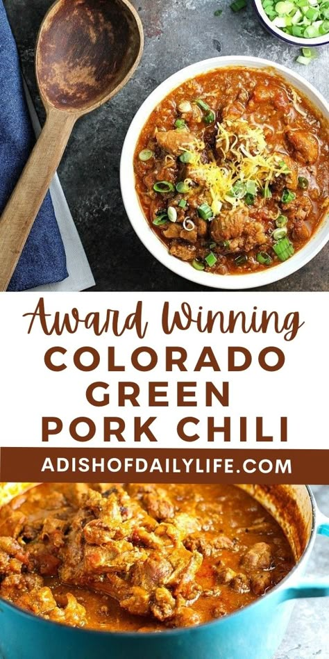 Green Pork Chili, Green Chili Pork, Green Chili Recipes, Favorite Chili Recipe, Pork Dinners, Pork Chili, Fall Meals, Chilli Recipes, Chili Cook Off