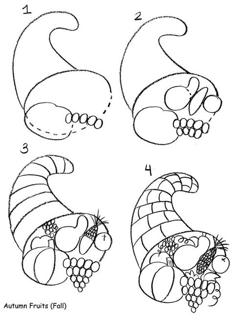 Welcome to Dover Publications Cornucopia Drawing Easy, How To Draw Thanksgiving Things, Cornacopia Craft, Cornucopia Drawing, Thanksgiving Drawing Ideas, Drawing Ideas Step By Step, Thanksgiving Arts And Crafts, Thanksgiving Drawings, Autumn Fruits