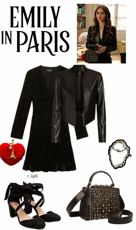 Emily In Paris Bags, Outfit With Black Dress, Emily In Paris Outfits Inspiration, Emily Outfit, Black Dress And Jacket, Emily In Paris Inspired Outfits, Best Black Outfits, City Clothes, Emily In Paris Style