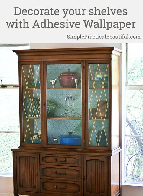 Bring color and light to any cabinet or bookshelf by adding removable wallpaper to the back. Wallpaper In Curio Cabinet, Wallpaper For China Cabinet, China Cabinet Wallpaper Back, Brown China Cabinet Wallpaper Back, Cabinet With Wallpaper, Wallpaper For Cabinets, Refinished China Cabinet With Wallpaper, Cute Owl Photo, Wallpaper Cabinets