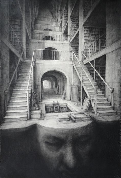 ‘Library Head’ by Paul Rumsey. I often get lost. Paul Rumsey, Eerie Places, Visual Metaphor, Image Bank, Dark Art Illustrations, Scary Art, Weird World, Surreal Art, Labyrinth