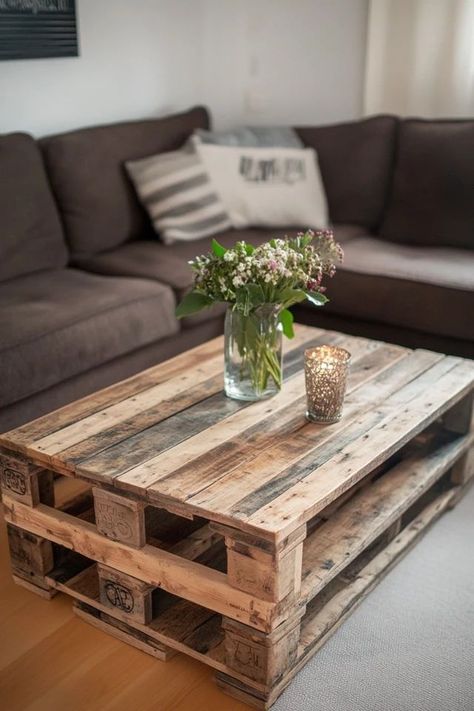 "Elevate your living space with the charm of a DIY Pallet Wood Coffee Table! 🛠️☕ Perfect for those who love repurposing materials into stylish furniture. 🌟✨ #RusticDecor #DIYFurniture #PalletDesign" Pallet Living Room Table, Diy Out Of Pallets, Pallet Wood Kitchen Table, Wood Pallet Projects Diy Furniture Ideas, Diy Coffee Table Square, Simple Wood Table Diy, Homemade Coffee Table, Pallet Projects Table, Pallet Board Projects