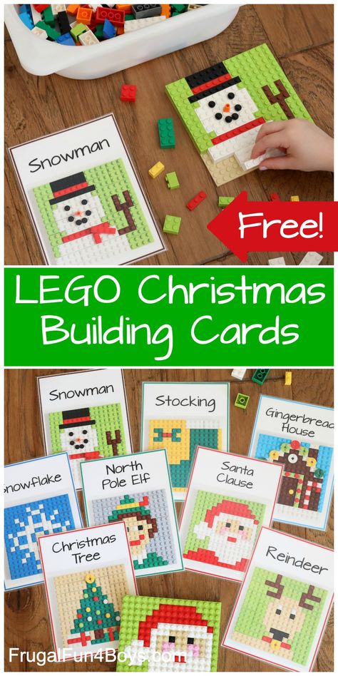 Amazing Diy Projects, Winter Lego Challenges, Lego Container Ideas, Christmas Lego Challenge, Stocking Activities For Kids, Grandkids Christmas Ideas, Christmas Stations For Kids, Elf Lego Ideas, Lego Building Cards