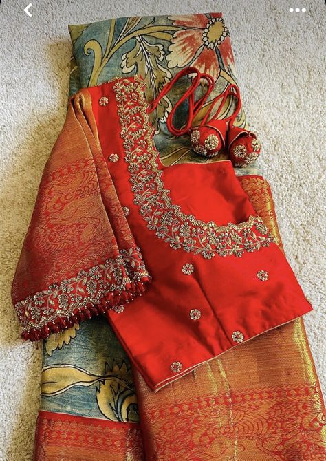 Thalambralu Saree Blouse Designs, Pattu Saree Maggam Work Designs, Orange Blouse Maggam Work Designs, Heavy Maggam Work Blouse Designs Latest, Red Blouse Work Designs, Maggam Work Blouse Designs Latest For Pattu Sarees, Red Bridal Blouse, Bridal Blouse Designs Heavy Work, Red Blouse Design