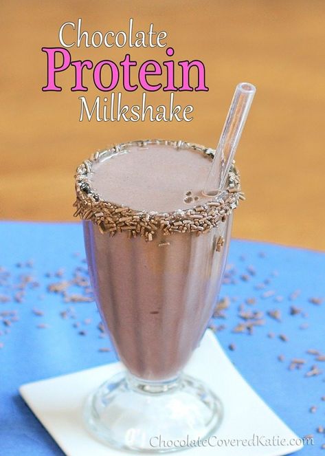 200 calorie Chocolate “Protein” Milkshake (makes two 100 calorie servings of 1.5 cups) Chocolate Protein Shake, Healthy Milkshake, Protein Milkshake, Best Protein Shakes, Chocolate Covered Katie, Chocolate Protein Shakes, Resep Smoothie, Chocolate Milkshake, Health Guide