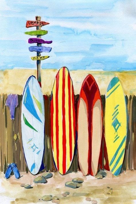 Surfboard Acrylic Painting, Cool Drawing Projects, Cool Painting Aesthetic, Easy Surf Painting Ideas, Surfing Painting Ideas, Surf Painting Ideas, Beachy Art Painting, Summer Time Paintings, Easy Surfboard Painting