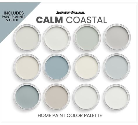 Coastal Paint Palette, Calm Coastal, Beach Color Palettes, Coastal Paint Colors, Coastal Paint, Beach House Colors, Coastal Calm, Sherwin Williams Color Palette, Coastal Color Palette