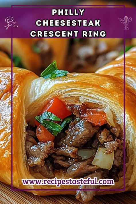 This delicious Philly Cheesesteak Crescent Ring combines savory shaved steak, colorful peppers, and melted provolone cheese, all wrapped in flaky crescent rolls. It's perfect for parties, game day, or a cozy family dinner! Crescent Roll Bread, Shaved Steak Recipe, Oven Cooked Steak, Shaved Steak, Cheesesteak Sandwich, Steak Dishes, Cheese Crescent Rolls, Sauteed Peppers, Crescent Ring