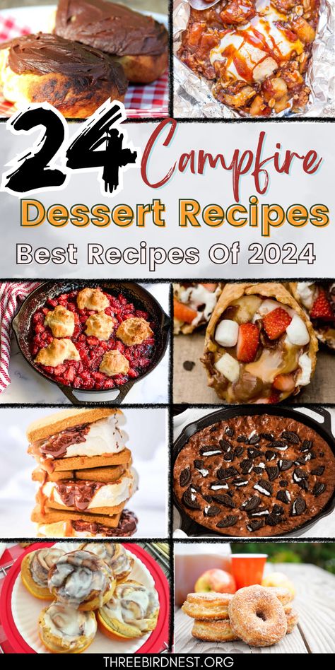 24 Easy Campfire Desserts- Must-Try Campfire Desserts for Your Outdoor Adventures - This Little Nest Campfire desserts for your bonfire. Pan desserts, cakes, smores, donuts and more.  Campfire desserts, easy campfire treats, camping recipes. Campfire Sweets, Camping Desserts Campfire, Campfire Cinnamon Rolls, Camping Treats, Campfire Dessert, Campfire Bananas, Campfire Cupcakes, Pudgy Pie, Pan Desserts