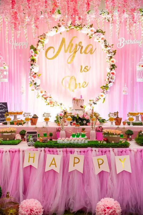 Indoor Garden Birthday Party Ideas | Photo 1 of 11 | Catch My Party First Birthday Background Ideas, 1 Year Baby Girl Birthday Decoration, Garden Birthday Decorations, Garden 1st Birthday Party, Garden Birthday Party Ideas, Garden Birthday Party, Cradle Ceremony