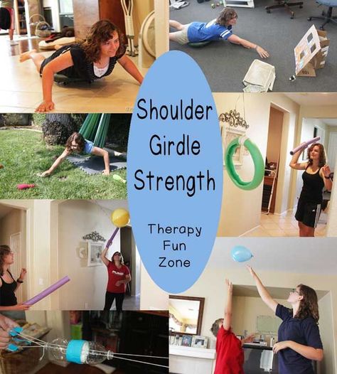 The shoulder girdle is very important in the functioning of the arms and the hands. In order to use your hands efficiently, you need to have strong, stable shoulders for your arms to work off of. Kids need to be able to easily reach up against gravity and to reach out for objects. It is hard to control what your hand is doing when you can’t control your shoulder very well, so I am going to share some of my {Read More} Pediatric Occupational Therapy Upper Extremity Strengthening, Hand Strengthening Activities, Pediatric Physical Therapy Activities, Therapy Fun, Shoulder Girdle, Hand Strengthening, Occupational Therapy Kids, Pediatric Physical Therapy, Occupational Therapy Activities