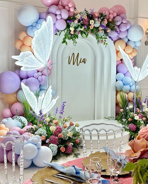 Annie Harutoonian | These butterflies are so pretty 🩷🩷🩷 by @lalapetit #theeventcollectivex | Instagram Arch Wall Design, Rainbow Arch Wall, Fairytale Party Theme, Boho Rainbow First Birthday, Rainbow First Birthday, Fairy Garden Birthday Party, Rainbow Arch, Baby Birthday Decorations, Baby Shower Theme Decorations