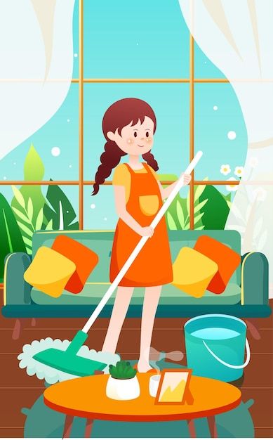 Vector may 1st labor day house cleaning ... | Premium Vector #Freepik #vector #clean-house #cleaning-room #sweep #sofa-cleaning Girl Cleaning House, Cleaning Clipart, Clean Illustration, Cleaning Drawing, Cleaning Cartoon, Simple House Drawing, Swachh Bharat, Cleaning Room, Sofa Cleaning