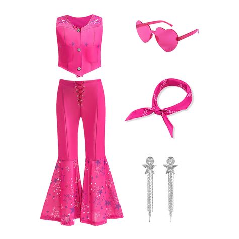 PRICES MAY VARY. Iconic Pink Cowgirl Costume: This girls western outfit set perfectly captures the essence of a beloved movie character. The set includes a sleeveless top, cute bell-bottomed pants, a cowgirl vibe scarf, star earrings, and heart-shaped glasses. Your child will stand out at any party, becoming the center of attention Premium Materials, Comfortable and Breathable: This disco cowgirl outfit is made mostly of 65% polyester and 35% cotton, is soft and breathable, ensuring your child s Cowgirl Costume Kids, Pink Cowgirl Costume, Pink Cowgirl Party, Cowgirl Outfits Halloween, Cowgirl Barbie, Traje Cowgirl, Pink Girl Outfits, Disco Outfits, Cosplay Kids