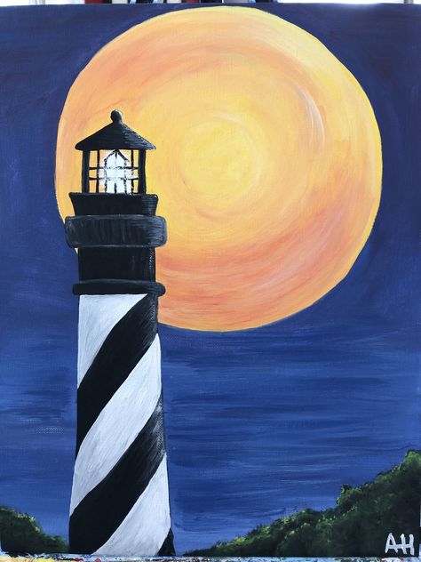 Cool Easy Acrylic Paintings, Painting Ideas On Canvas With Watercolor, Easy Lighthouse Painting For Beginners, Lighthouse Easy Painting, Art Acrylic Painting Ideas Easy, Simple Lighthouse Painting, Lighthouse Painting Acrylic Easy, Lighthouse Painting Ideas, Lighthouse Art Painting