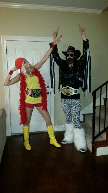 Hulk hogan & macho man homemade Halloween costumes Rock Band Costumes Halloween, Macho Man Halloween Costume, Wrestler Costumes Halloween, Hulk Hogan Couples Costume, Woman Hulk Hogan Costume, Wrestling Halloween Costumes, Wrestling Couples Costume, Wrestler Couple Costumes, Couples Wrestling Costumes