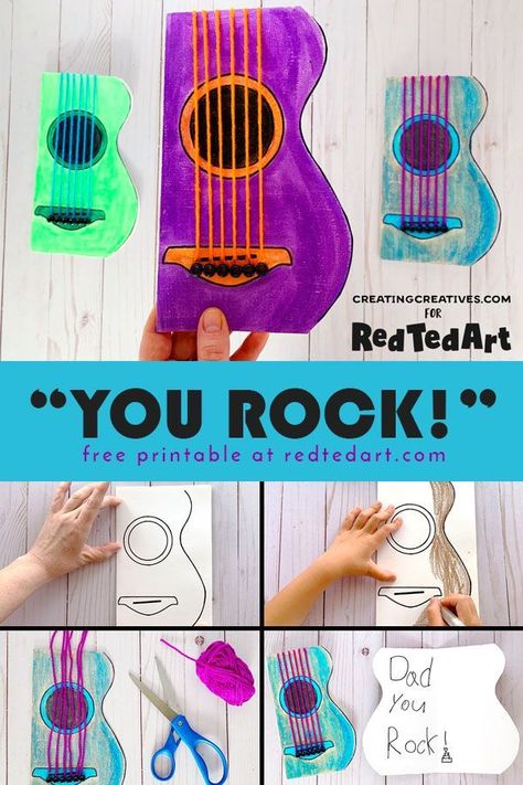 Easy Guitar Card for Dad who loves Music - Do you have a Rock Star in the family? A music lover  and guitarist.. this is THE Card for them (includes printable). Love these Father's Day Card for kids. Easy kids crafts! Yay #craftsforkids #fathersday #printable #cards #cardmaking #rockstar #dadrocks Guitar Handprint Art, Rockstar Crafts For Kids, Rock And Roll Crafts, Rockstar Crafts, Guitar Crafts For Kids, Music Crafts For Kids, Guitar Cards, Fathers Day Crafts For Kids, Music Crafts Preschool